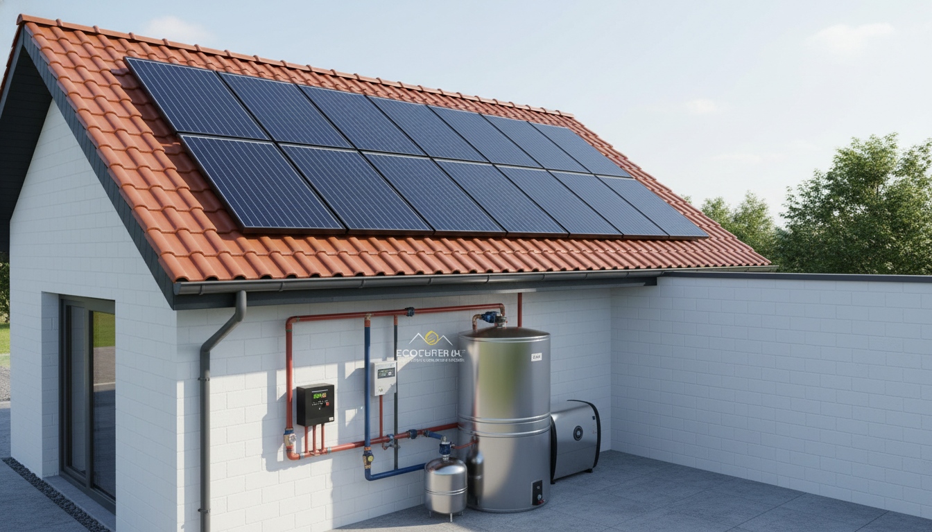 Split solar water heater system design with roof collectors, storage tank, controller, pump, expansion tank and piping layout